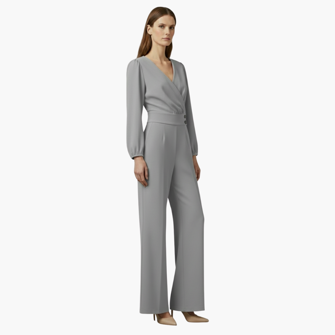 Genevieve | Women’s Long Sleeve Crossed V-Neck Wide-Leg Jumpsuit