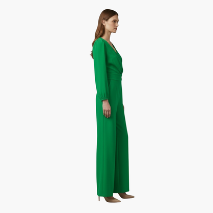 Genevieve | Women’s Long Sleeve Crossed V-Neck Wide-Leg Jumpsuit