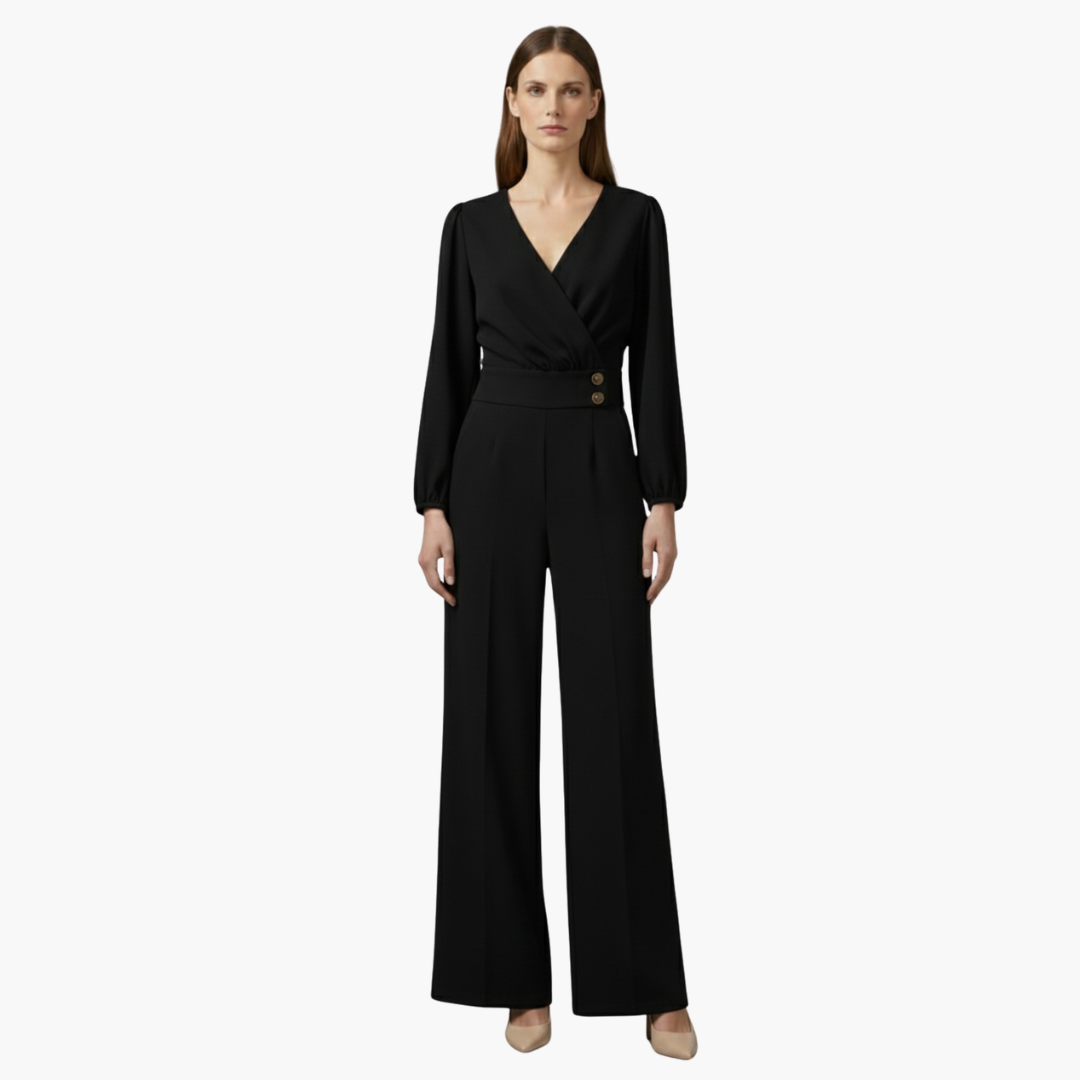 Genevieve | Women’s Long Sleeve Crossed V-Neck Wide-Leg Jumpsuit