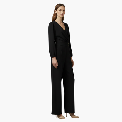 Genevieve | Women’s Long Sleeve Crossed V-Neck Wide-Leg Jumpsuit