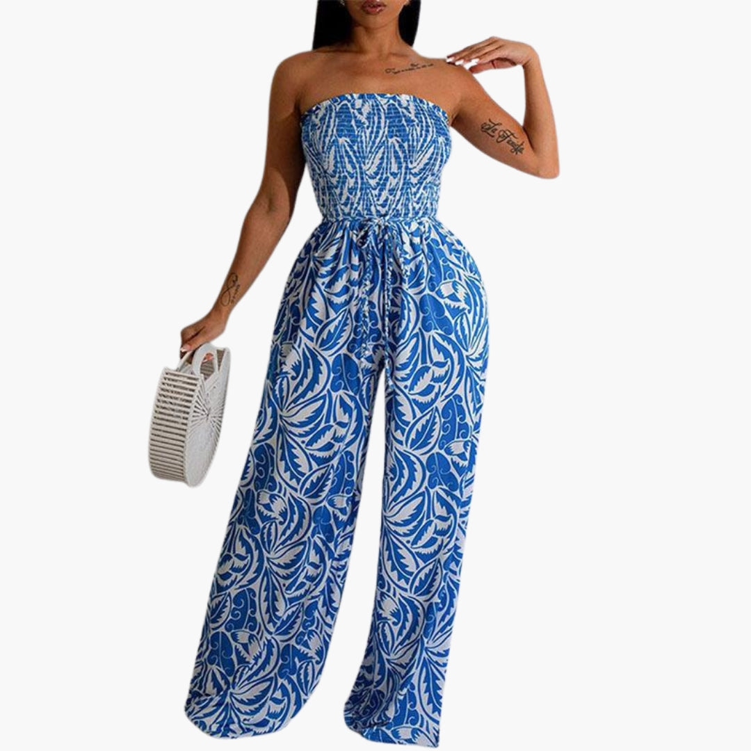 Holland | Women’s Strapless Smocked Top Wide-Leg Print Jumpsuit