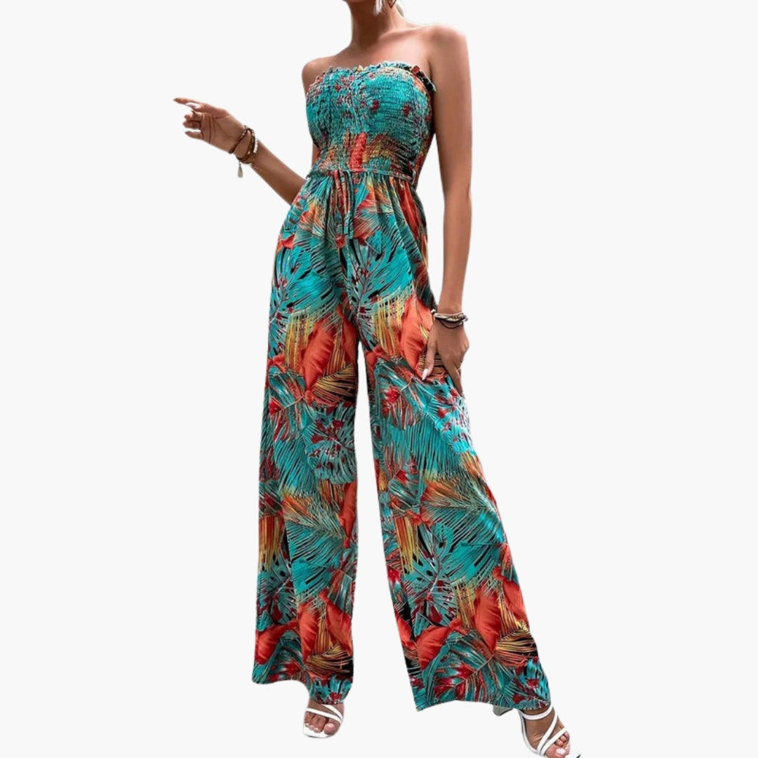 Holland | Women’s Strapless Smocked Top Wide-Leg Print Jumpsuit