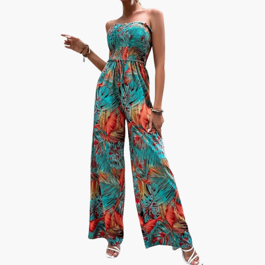 Holland | Women’s Strapless Smocked Top Wide-Leg Print Jumpsuit