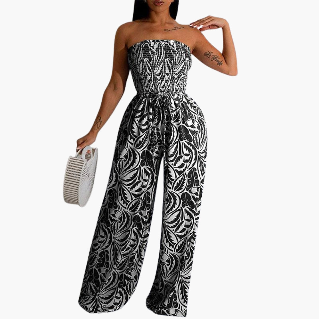 Holland | Women’s Strapless Smocked Top Wide-Leg Print Jumpsuit