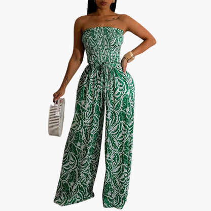 Holland | Women’s Strapless Smocked Top Wide-Leg Print Jumpsuit