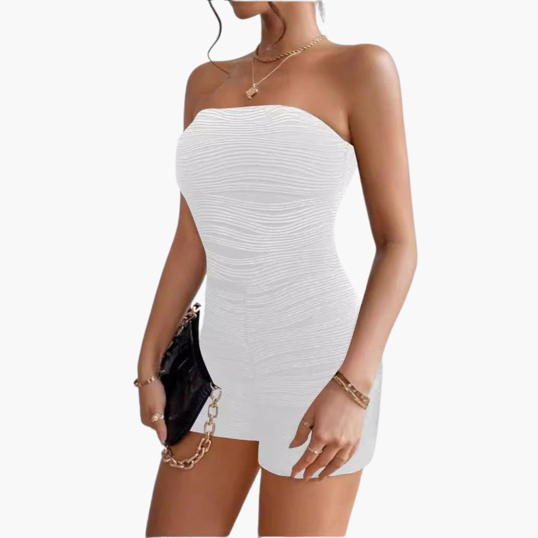 Skylar | Women’s Strapless Ruched Textured Romper Jumpsuit