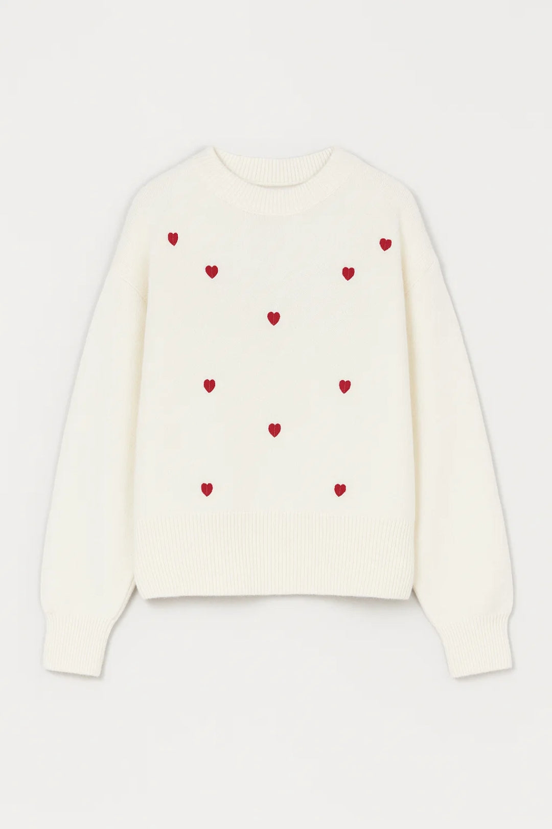 Rona | Women’s White Knit Sweater with Red Heart Embroidery