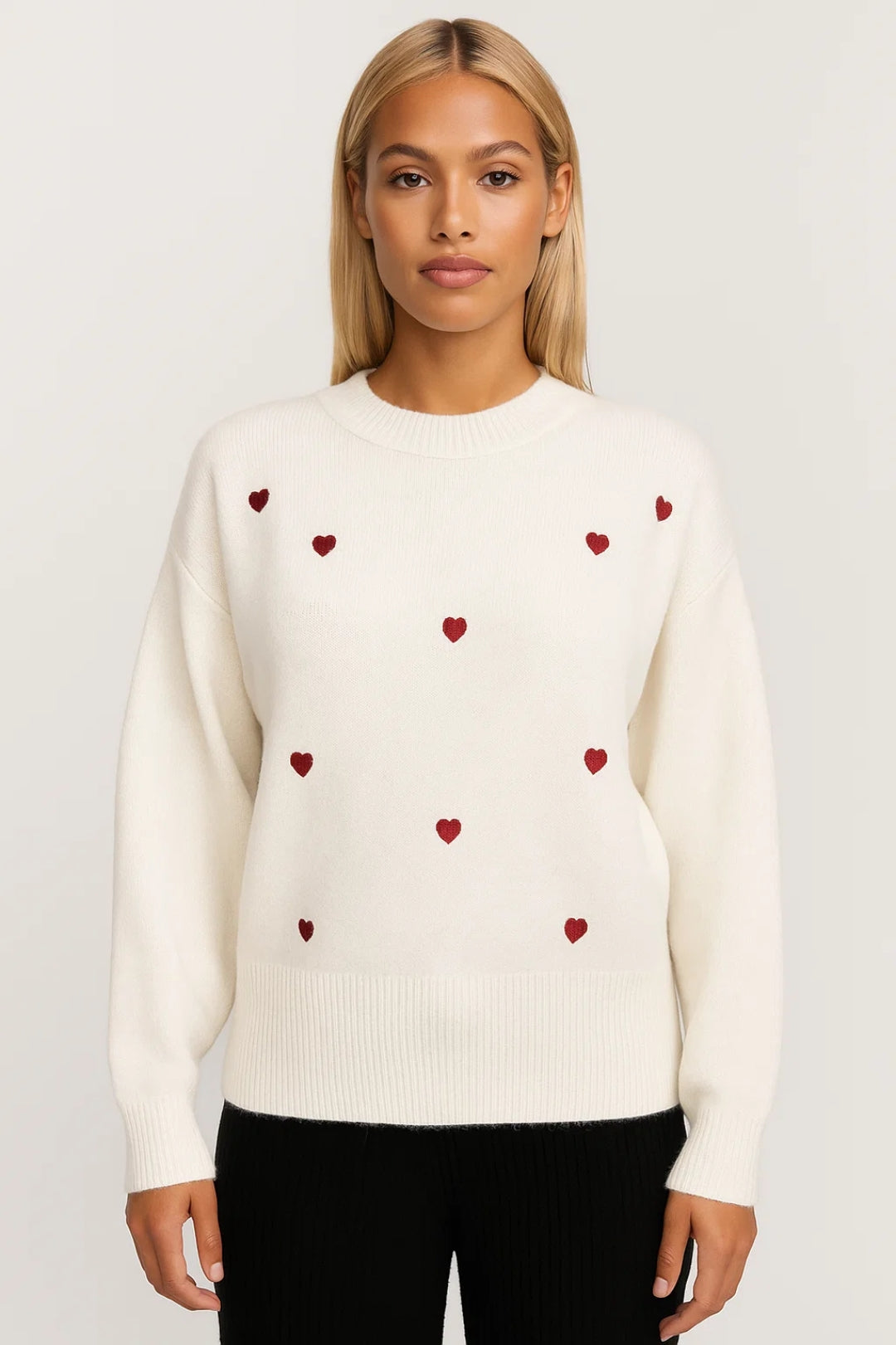 Rona | Women’s White Knit Sweater with Red Heart Embroidery