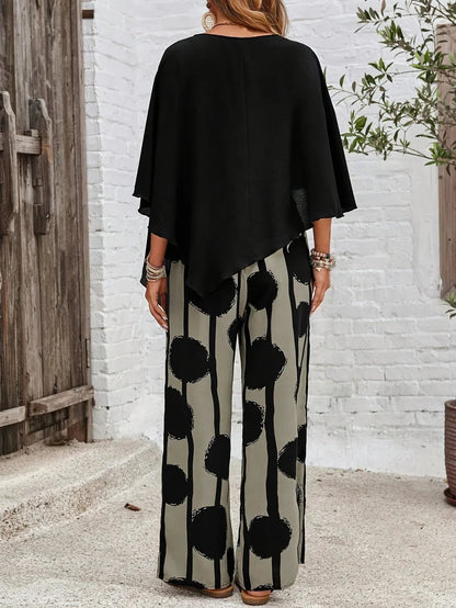 Maribel | Women’s Asymmetric Top & Printed Wide-Leg Pants Set