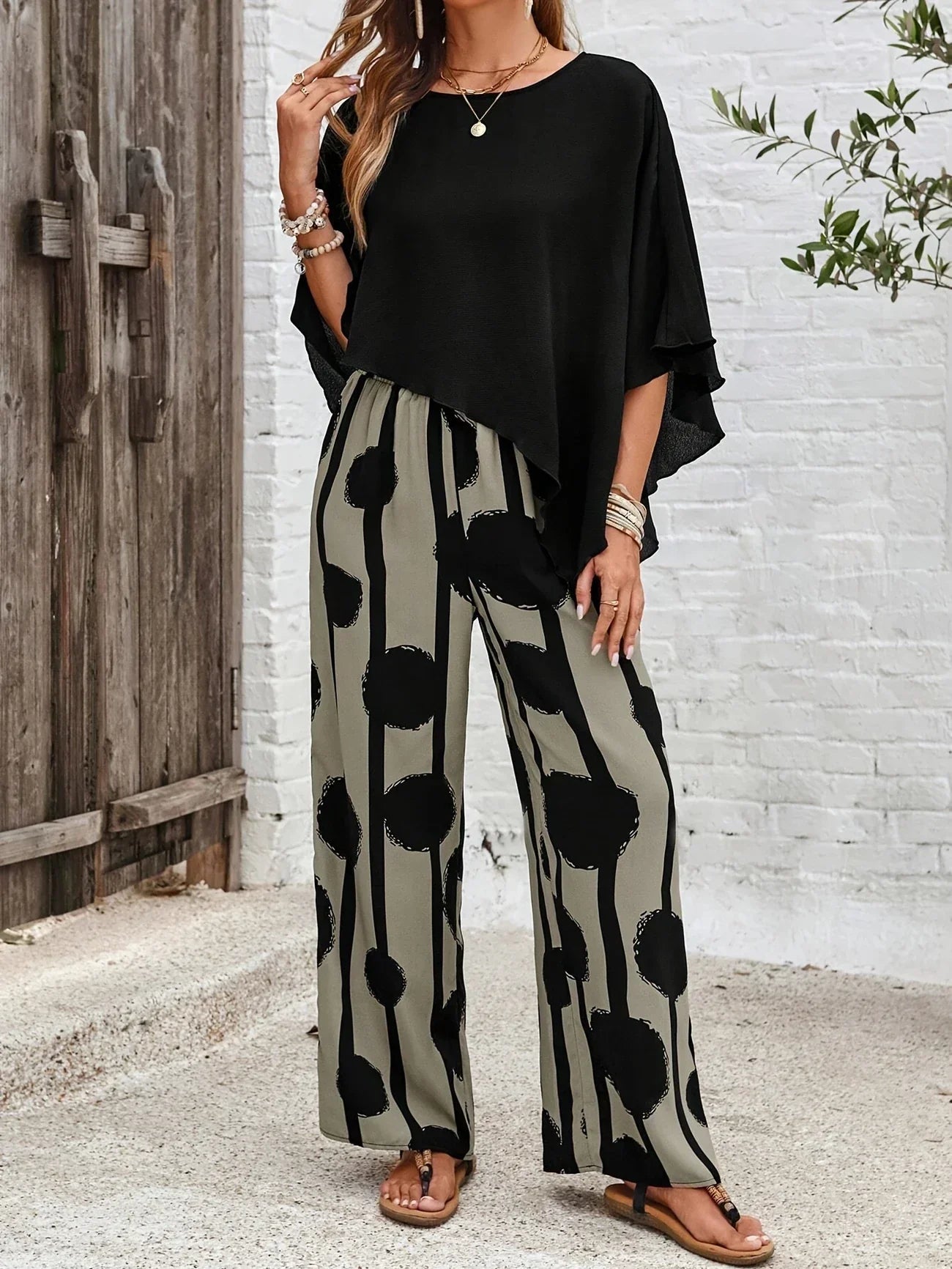 Maribel | Women’s Asymmetric Top & Printed Wide-Leg Pants Set