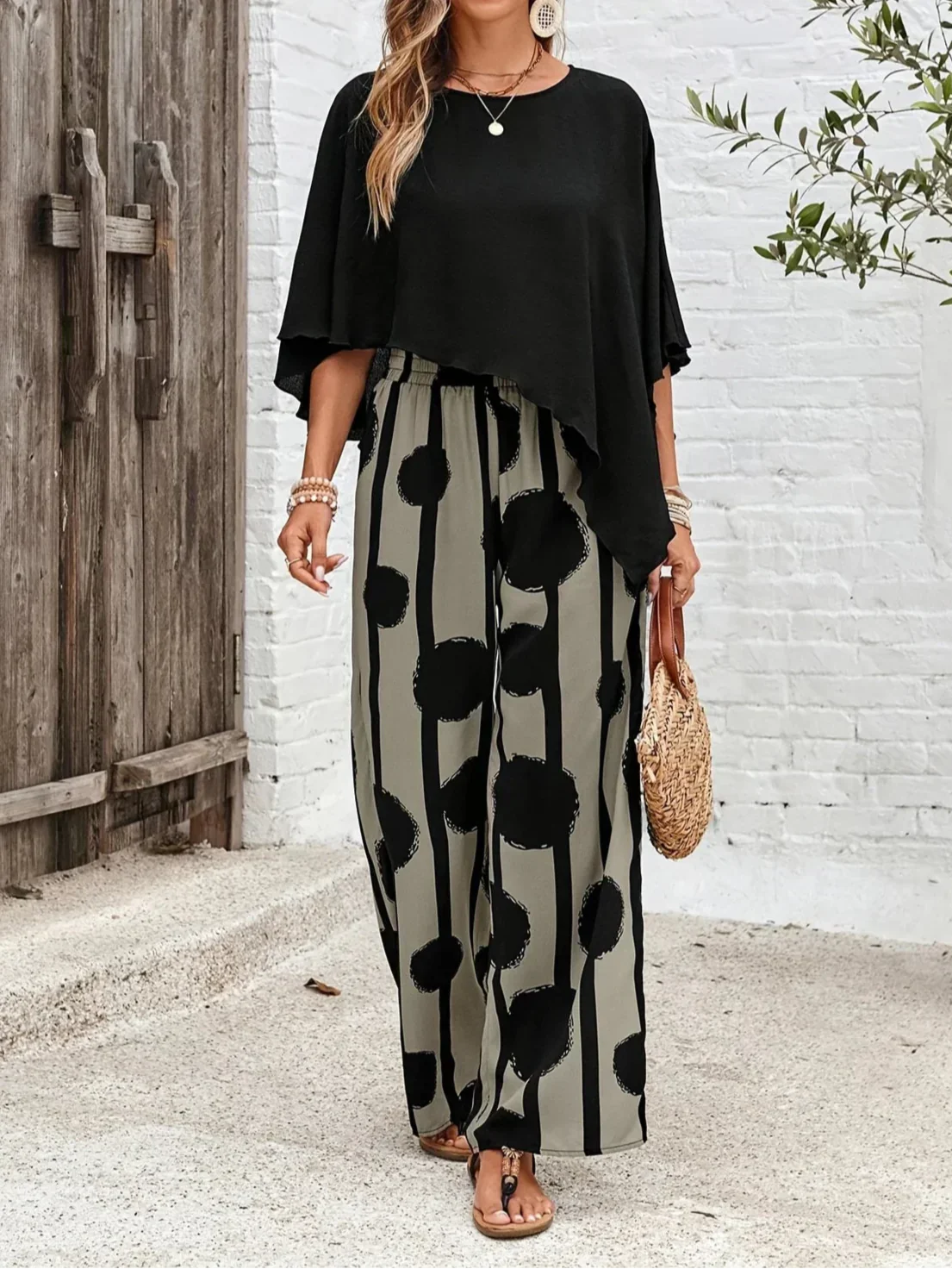 Maribel | Women’s Asymmetric Top & Printed Wide-Leg Pants Set