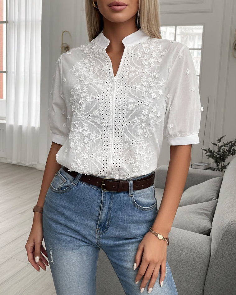 Thrisha | Women’s Embroidered Short Sleeve Elegant Blouse