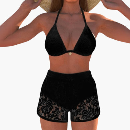 Noelle | Women’s Halter Neck Two-Piece Swimsuit with Lace Trim Shorts