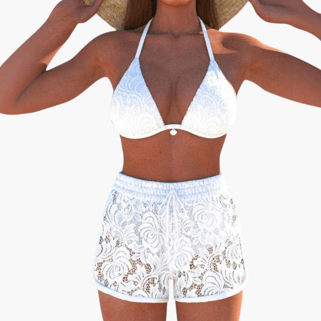 Noelle | Women’s Halter Neck Two-Piece Swimsuit with Lace Trim Shorts