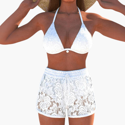 Noelle | Women’s Halter Neck Two-Piece Swimsuit with Lace Trim Shorts