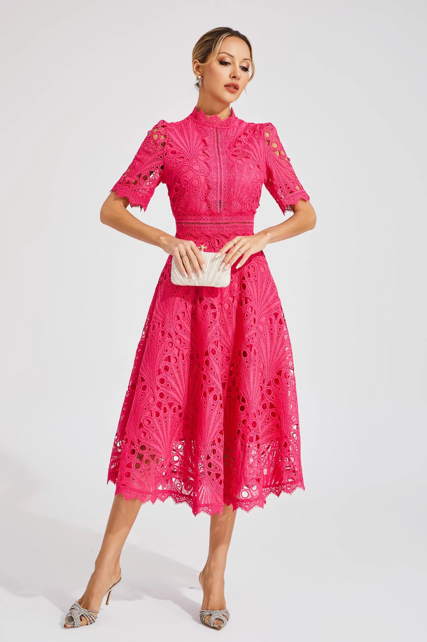 Miranda | Women’s Chic Lace Midi Dress with High Neck