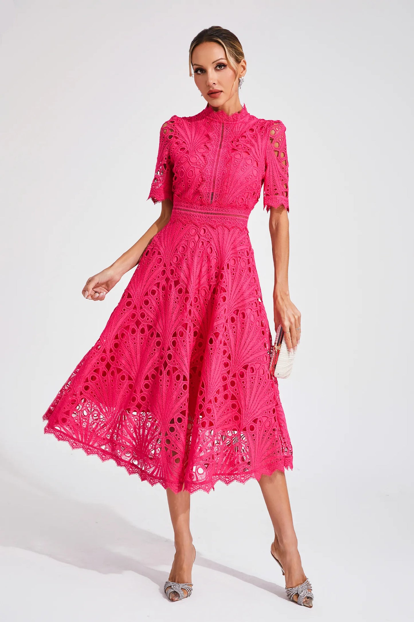 Miranda | Women’s Chic Lace Midi Dress with High Neck