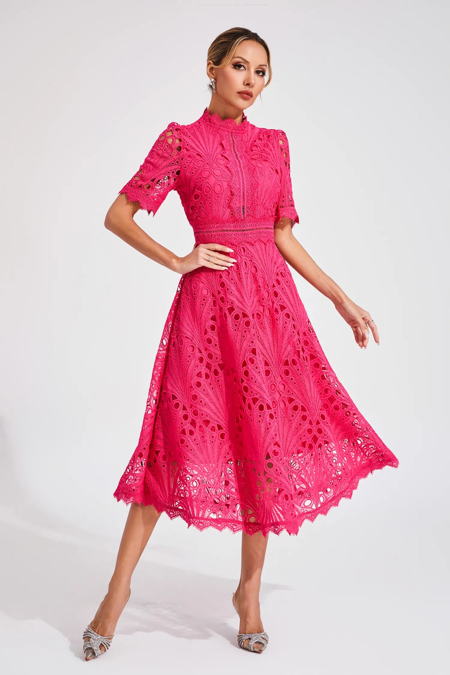 Miranda | Women’s Chic Lace Midi Dress with High Neck