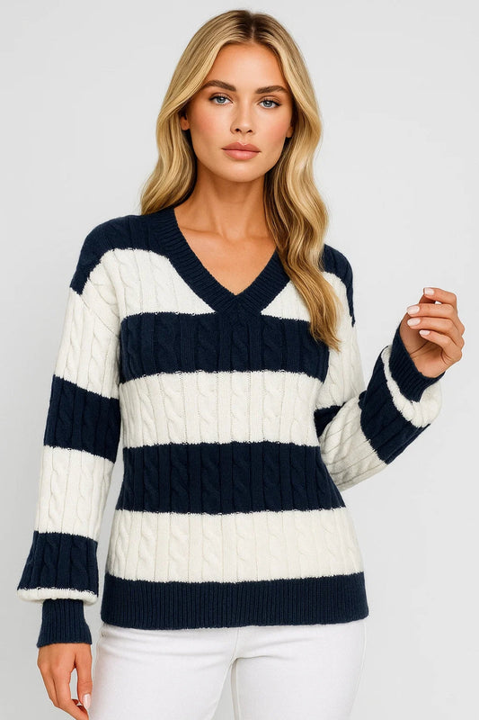 Calista | Women’s V-Neck Cable-Knit Striped Sweater
