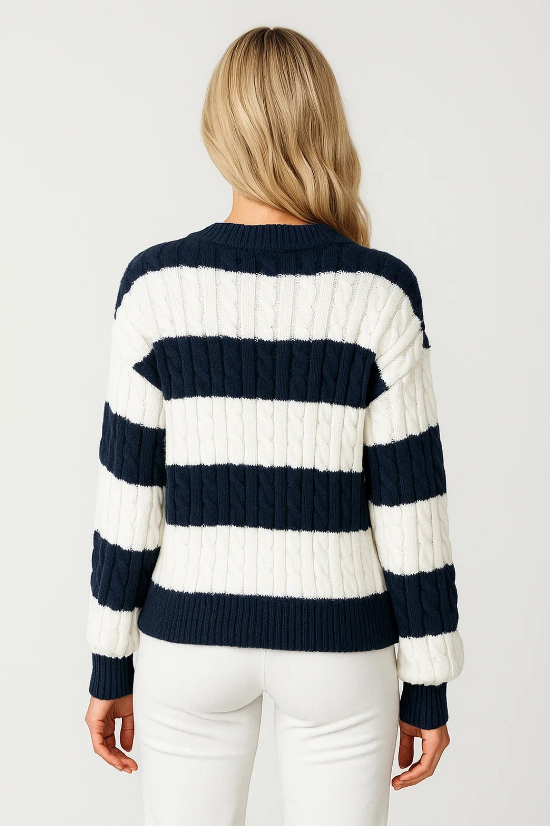 Calista | Women’s V-Neck Cable-Knit Striped Sweater