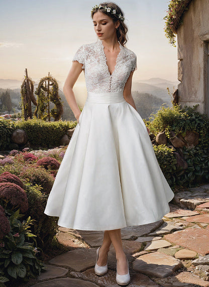 Julianne | Women’s Lace V-Neck Midi Wedding Dress
