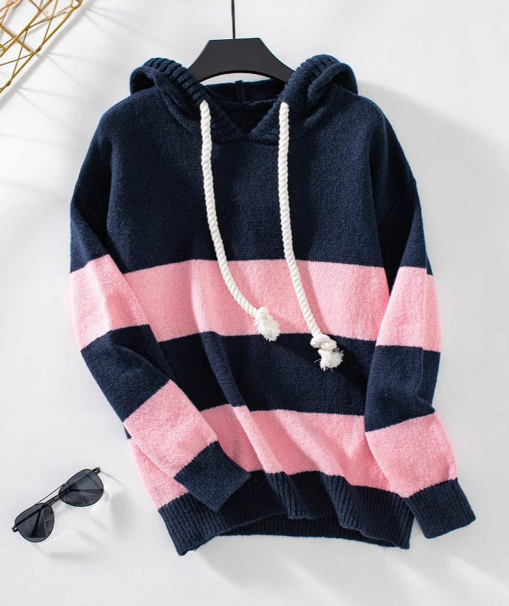 Maya | Women’s Cozy Striped Knit Hoodie with Drawstring