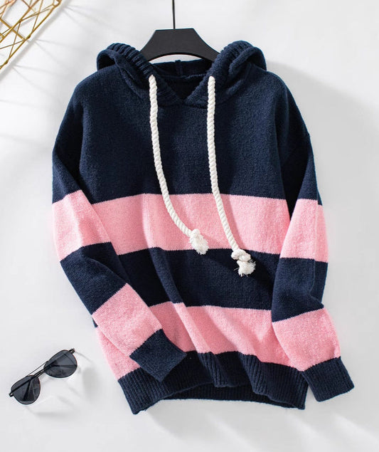 Maya | Women’s Cozy Striped Knit Hoodie with Drawstring
