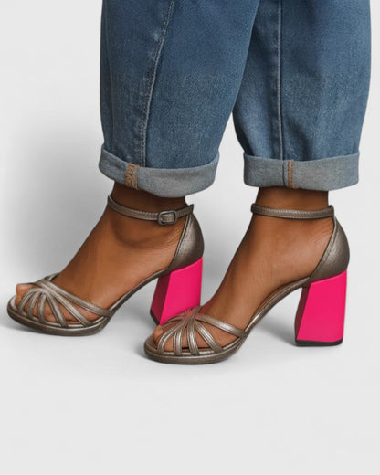 Rossette | Women’s Metallic Ankle Strap Block Heel Sandals