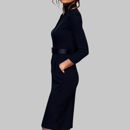 Brielle | Women’s Elegant Long Sleeve Belted Sheath Midi Dress