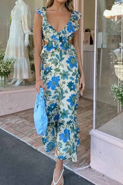 Paloma | Women’s Floral Elegant Ruffle Maxi Dress with Crossback Straps