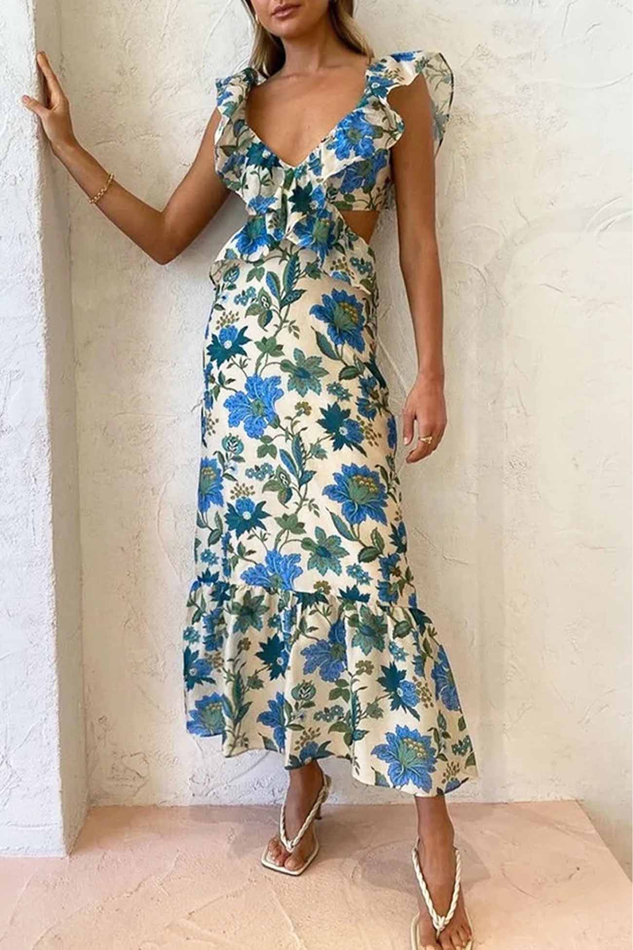 Paloma | Women’s Floral Elegant Ruffle Maxi Dress with Crossback Straps