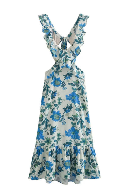 Paloma | Women’s Floral Elegant Ruffle Maxi Dress with Crossback Straps