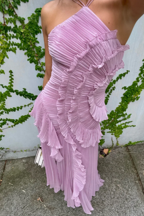 Amoura | Women’s Pleated Ruffle Halter Midi Dress