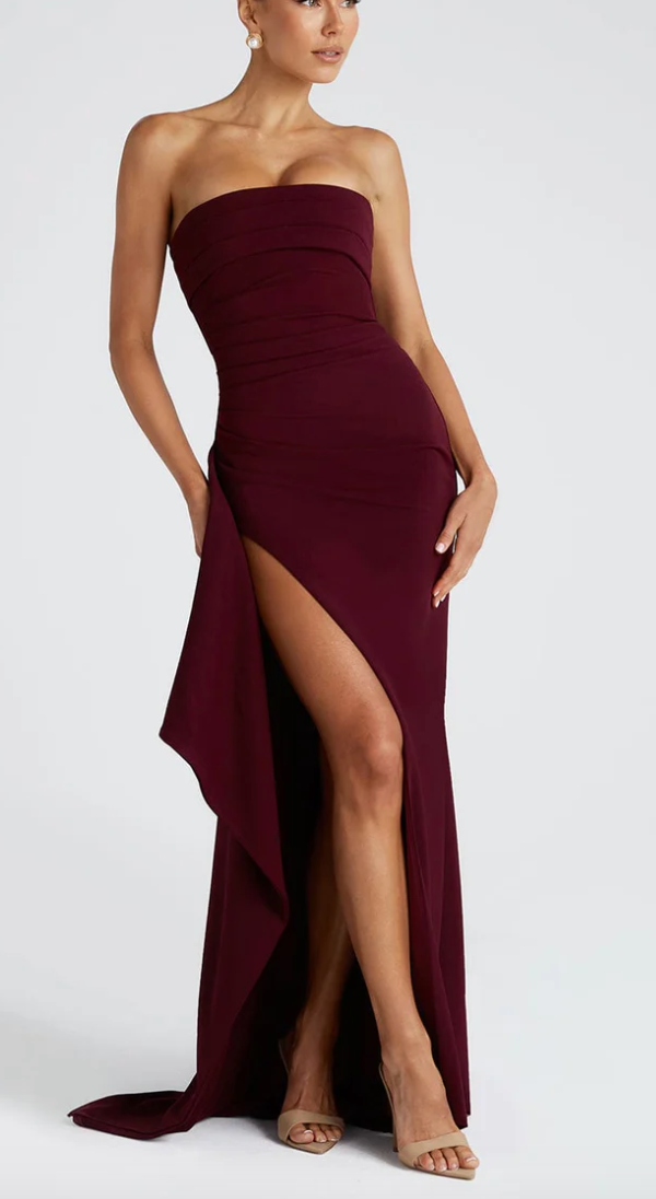 Evangeline | Women’s Strapless Ruched High Slit Maxi Dress