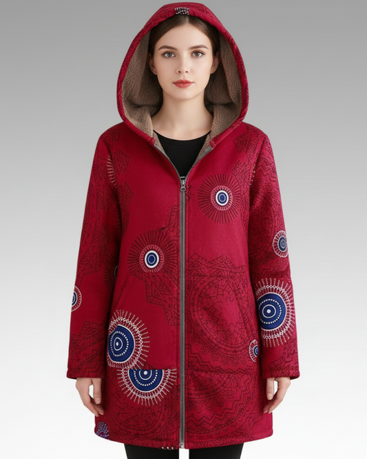 Kaia | Women’s Patterned Hooded Long Coat with Full Zip