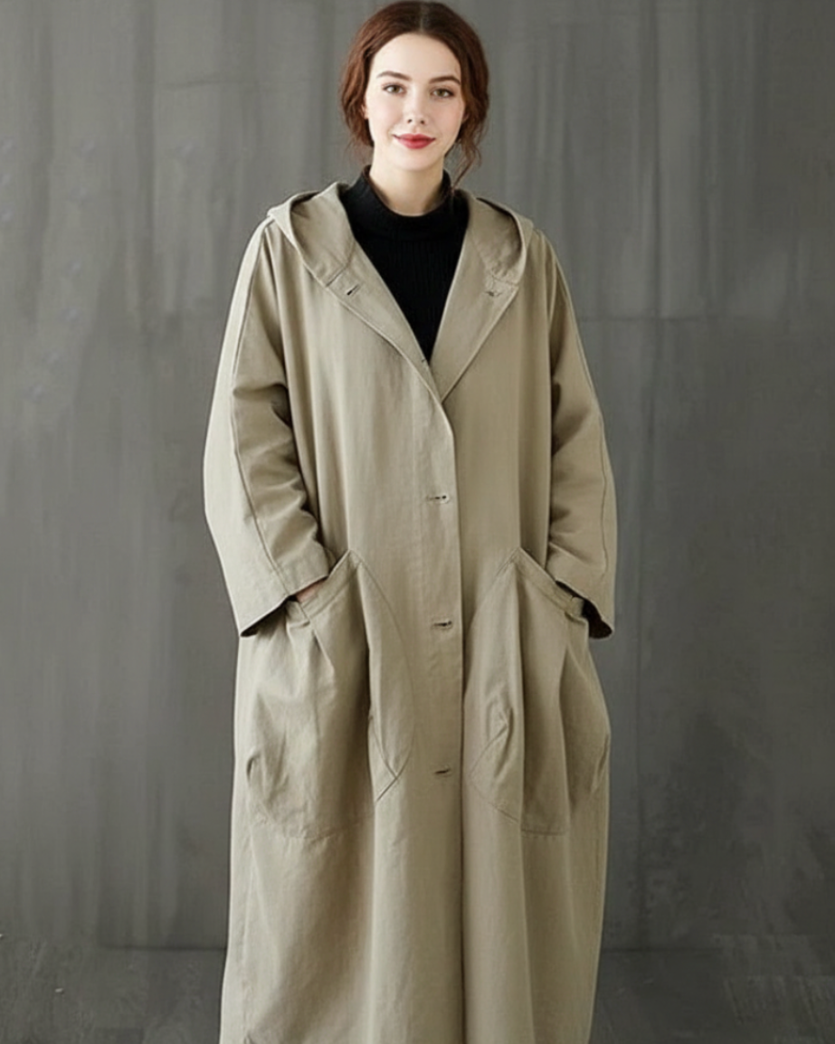 Nola | Women’s Hooded Long Trench Coat with Large Pockets