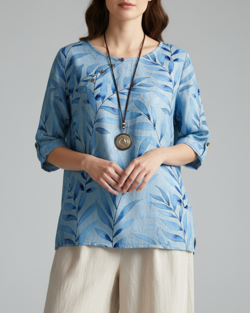 Daphne | Women’s Relaxed Leaf Print Button-Front Casual Blouse