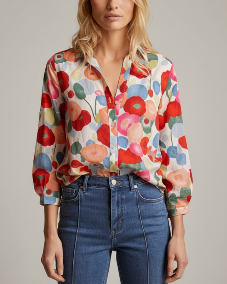 Imogen | Women’s Floral Cartoon Print Button-Up Shirt