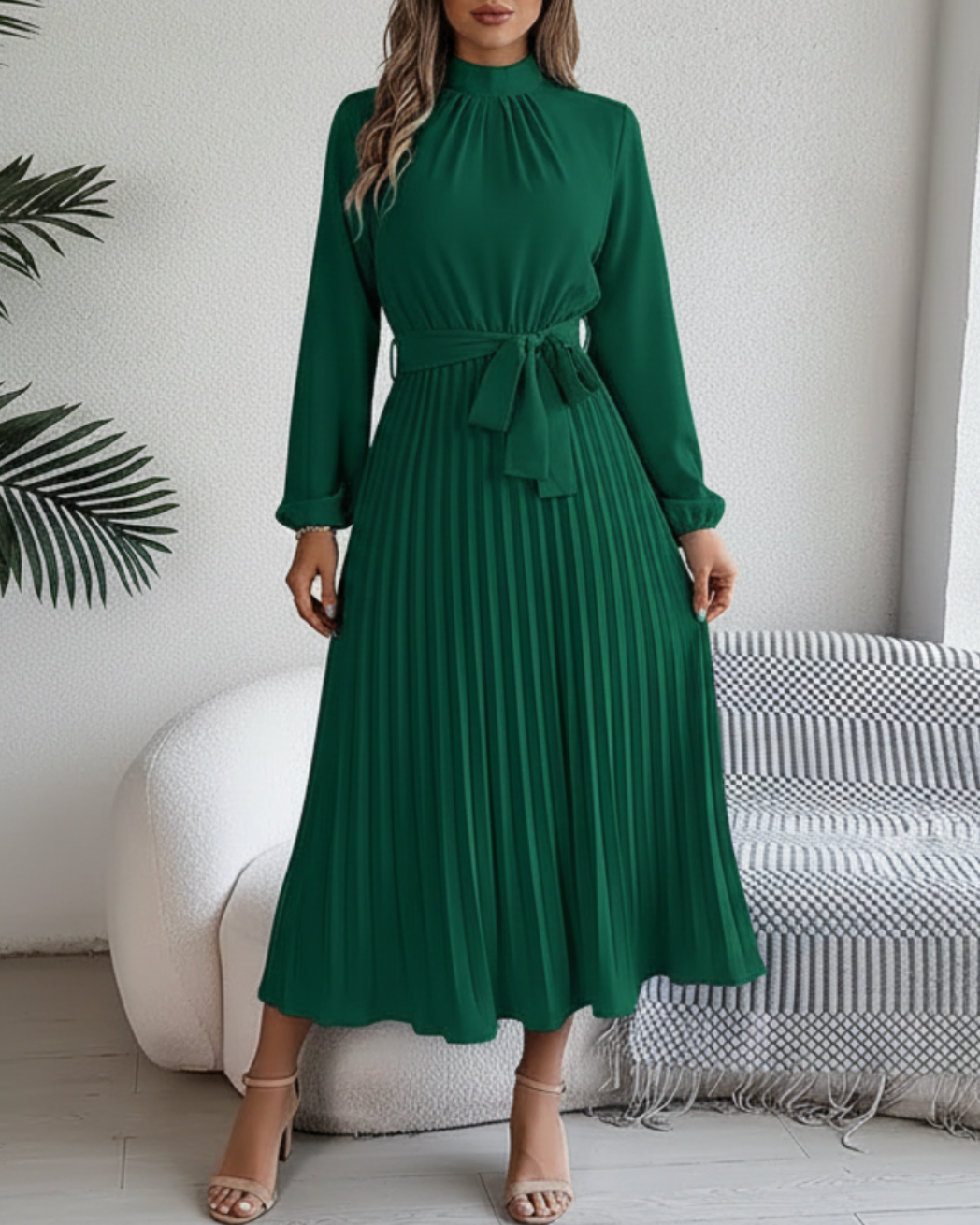 Elowyn | Women’s Long Sleeve Pleated Belted Midi Dress