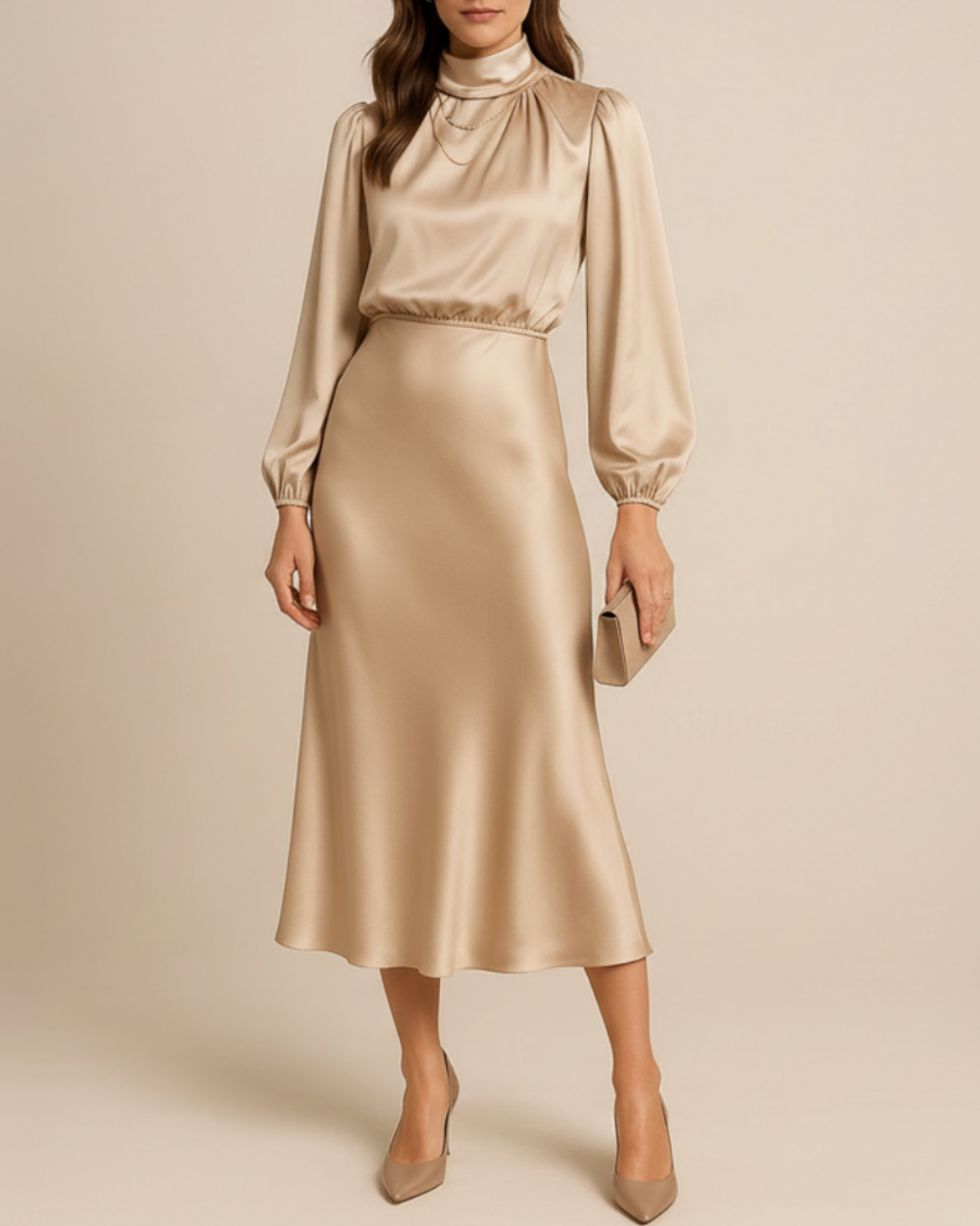 Noemi | Women’s High Neck Midi Dress with Draped Bodice
