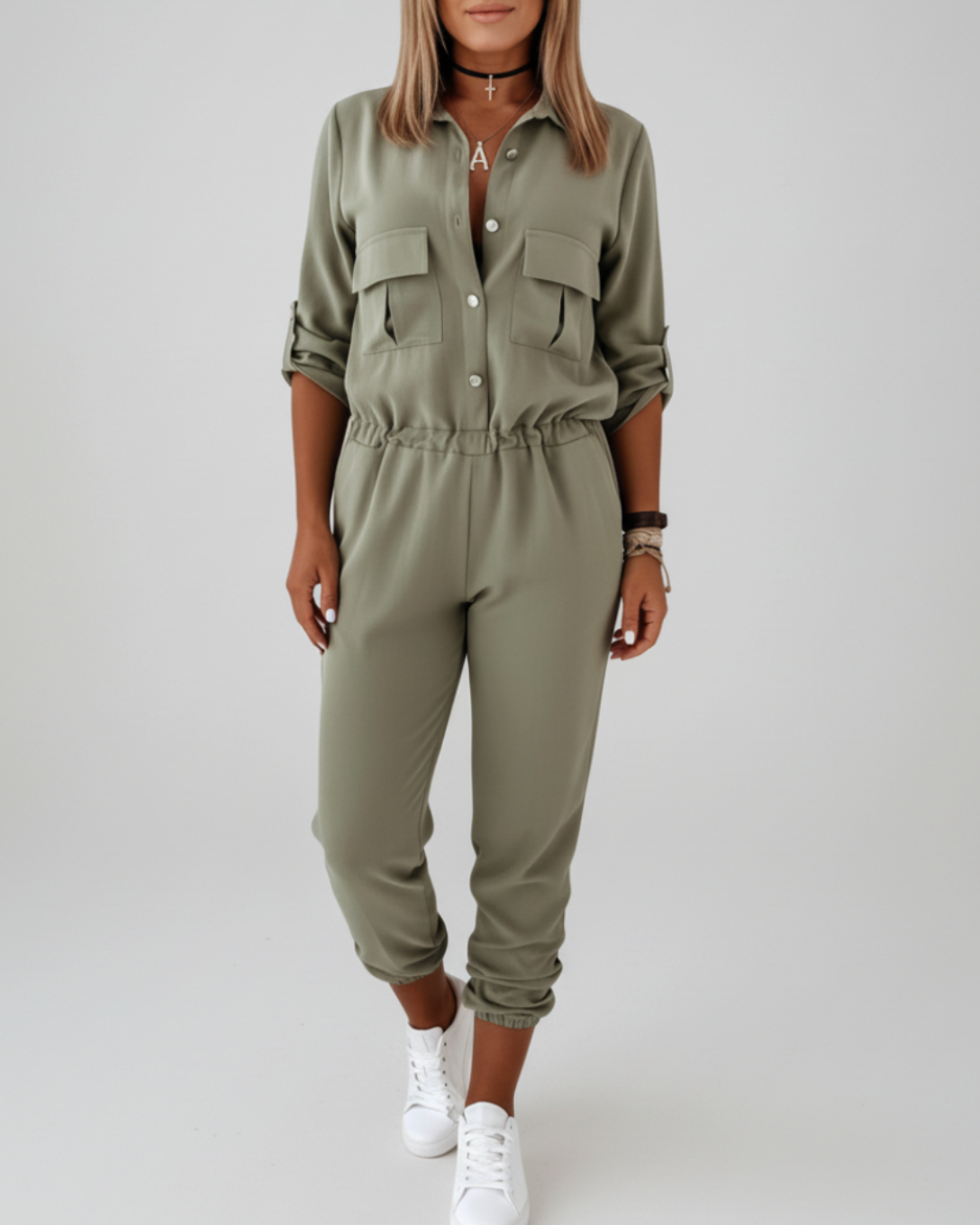 Marcellina | Women’s Button-Front Waist-Tie Utility Jumpsuit