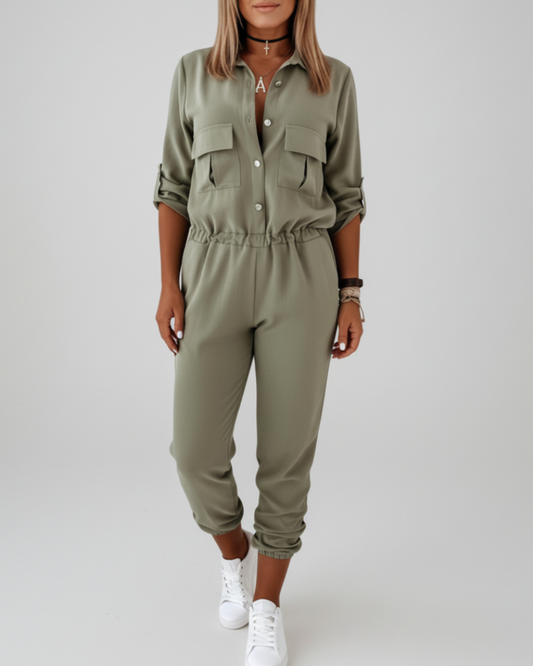 Marcellina | Women’s Button-Front Waist-Tie Utility Jumpsuit