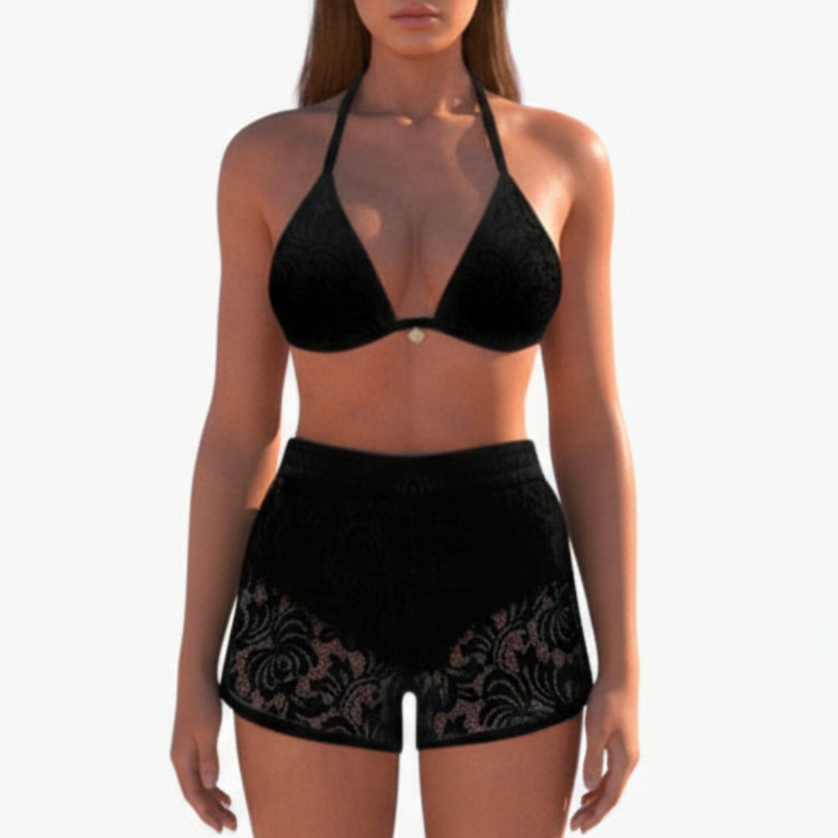 Noelle | Women’s Halter Neck Two-Piece Swimsuit with Lace Trim Shorts