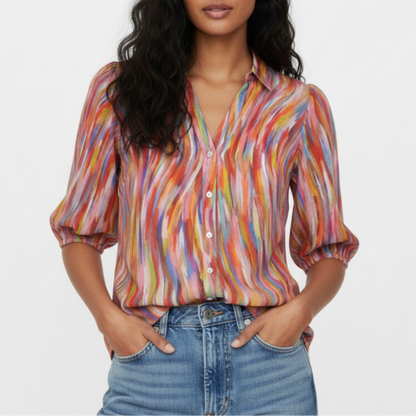 Brenna | Women’s V-Neck Printed Button Placket Blouse