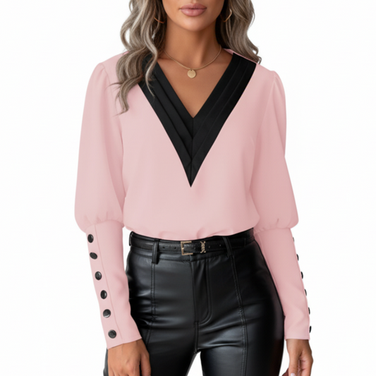 Selah | Women’s V-Neck Contrast Blouse With Buttoned Cuffs