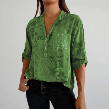 Roslyn | Women’s White Jacquard Floral Split-Neck Relaxed Blouse