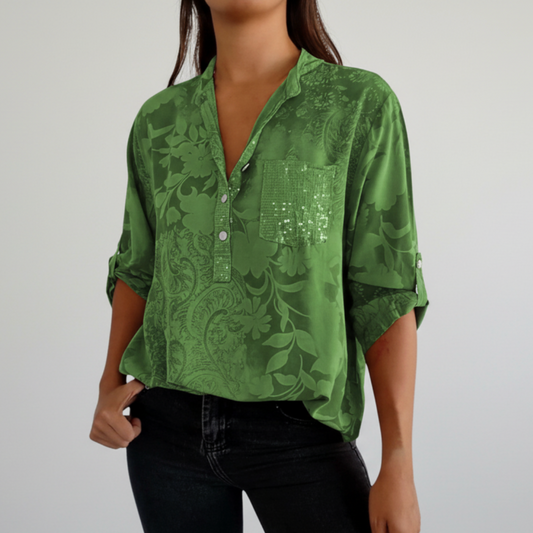 Roslyn | Women’s White Jacquard Floral Split-Neck Relaxed Blouse