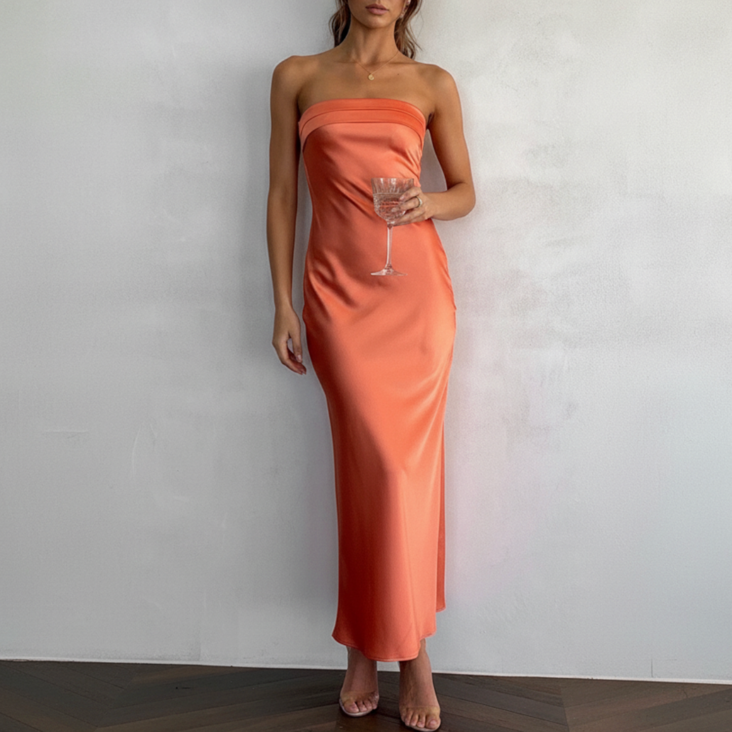 Brynn | Women’s Wedding Guest Strapless Satin Midi Dress