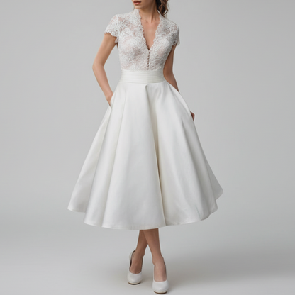 Julianne | Women’s Lace V-Neck Midi Wedding Dress