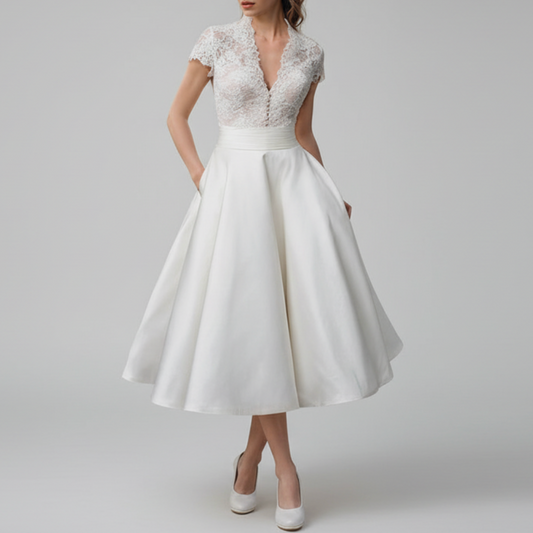 Julianne | Women’s Lace V-Neck Midi Wedding Dress